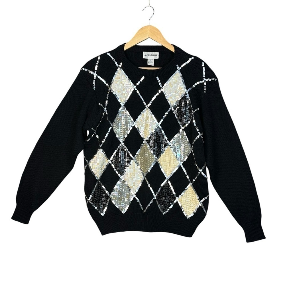 Alfred Dunner Sweater Knit Iridescent Sequin Diamond Design Size M